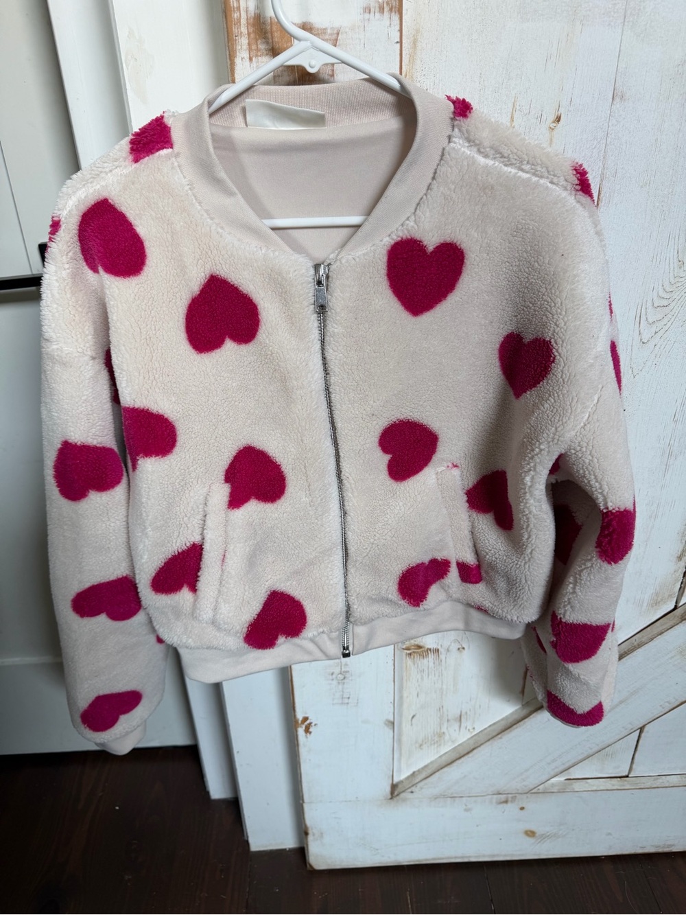 No Boundaries Cream Plush Jacket with Pink Heart Accents 0218
